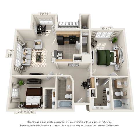 Floor plan for 2 beds, 2 baths, 1213 sqft